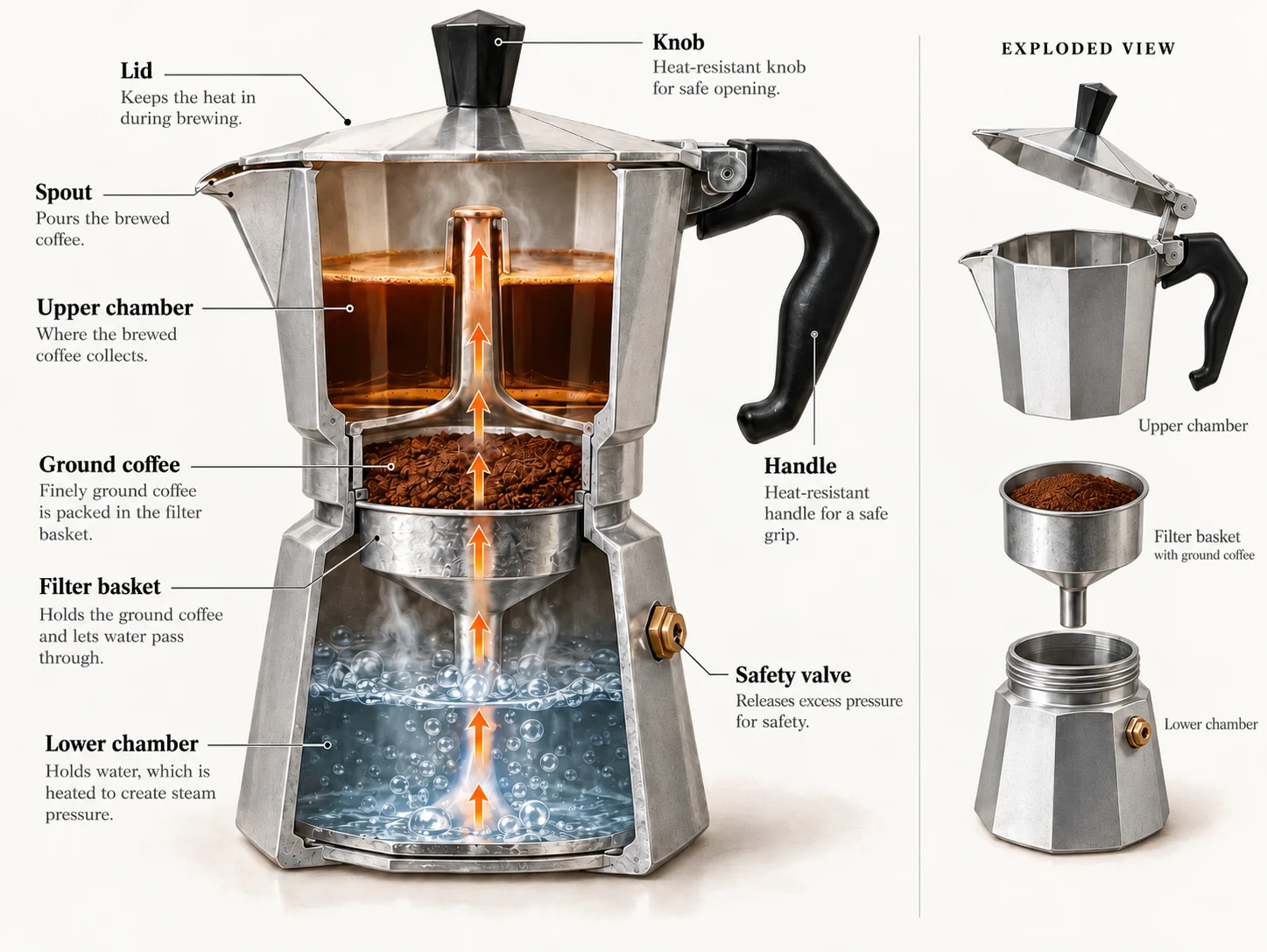 Detailed cutaway and exploded view of a traditional octagonal moka pot showing the upper coffee chamber, ground coffee filter basket and water reservoir, with arrows illustrating water flow