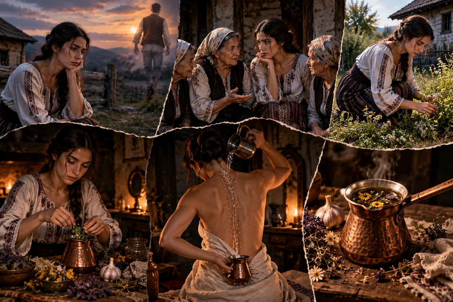 Cinematic collage of a heartbroken young woman advised by village elders and preparing a folkloric love potion