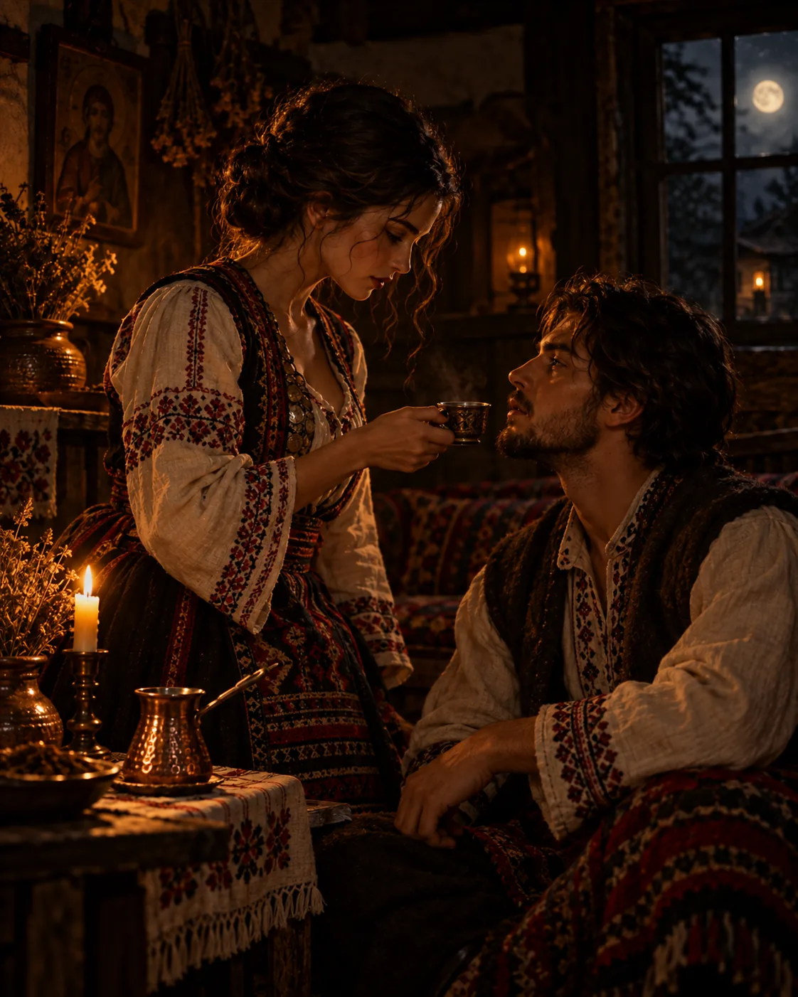Cinematic scene of a woman offering a small cup of coffee to a seated man in a candlelit folk interior