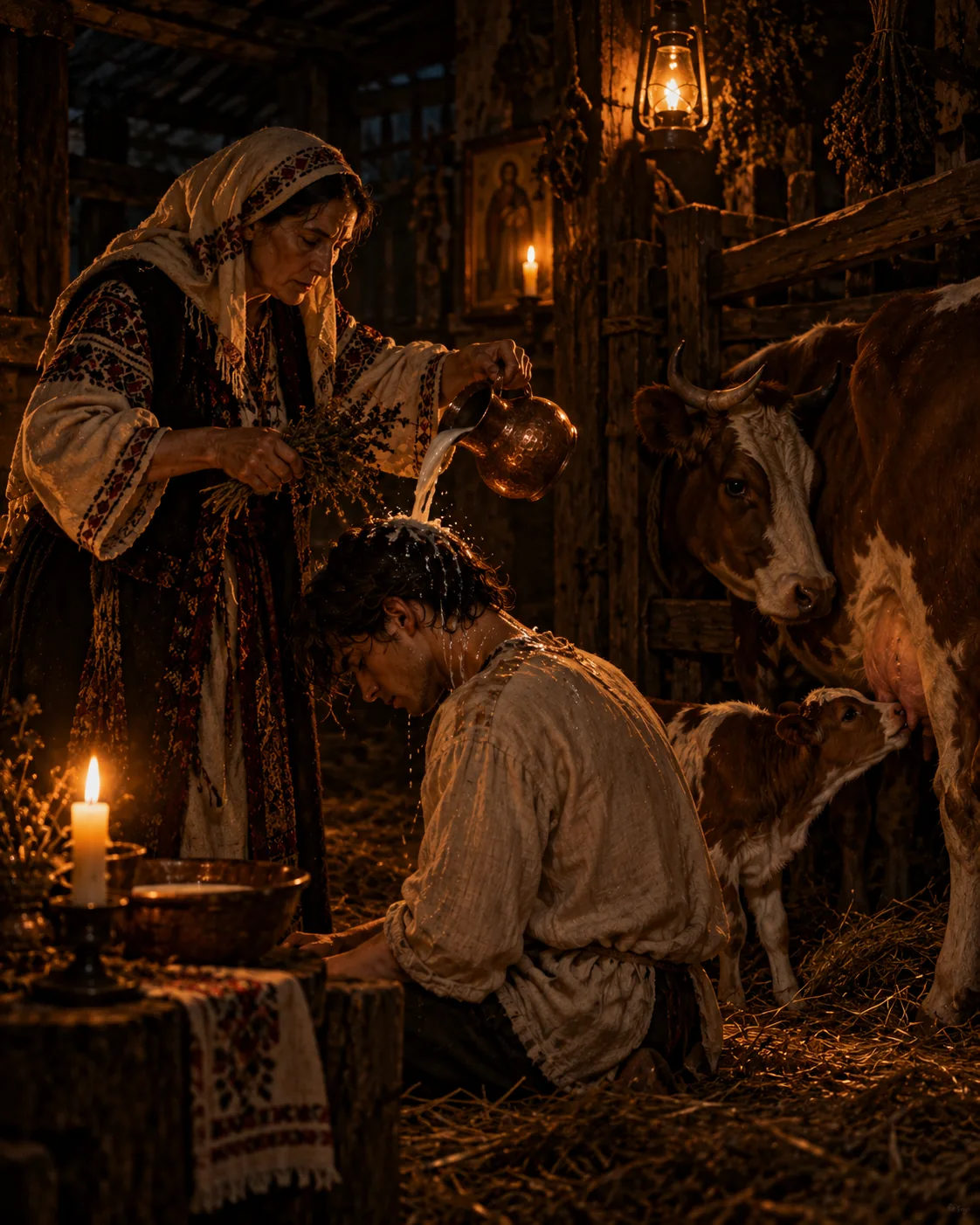 Cinematic barn scene of an older woman pouring milk over a bowed man beside a cow and calf