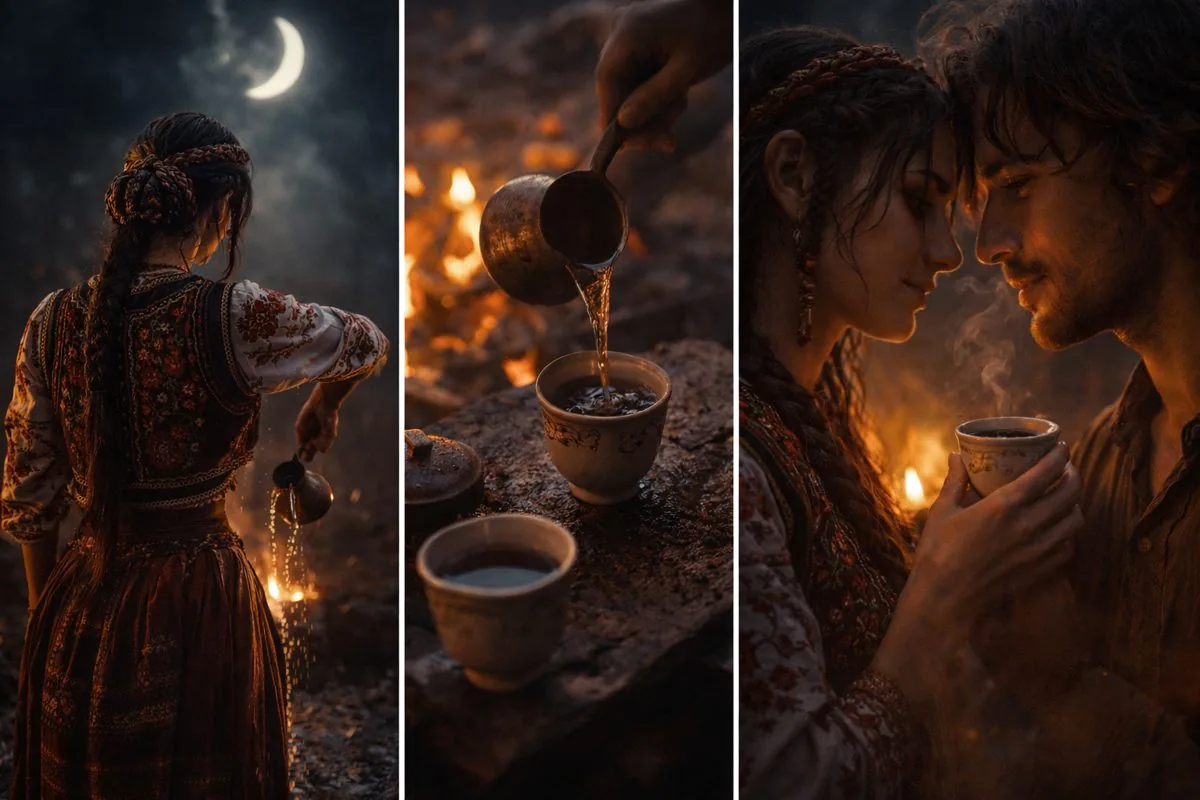 Three-panel artistic interpretation showing preparation, brewing and offering