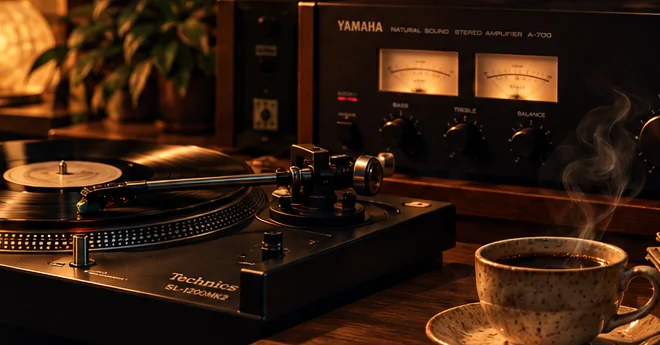 Warm candlelit vintage turntable and stereo amplifier in a listening room